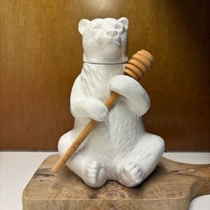 New Honey Jar Pot White Bear Bamboo Honey Dipper Ceramic Stoneware
